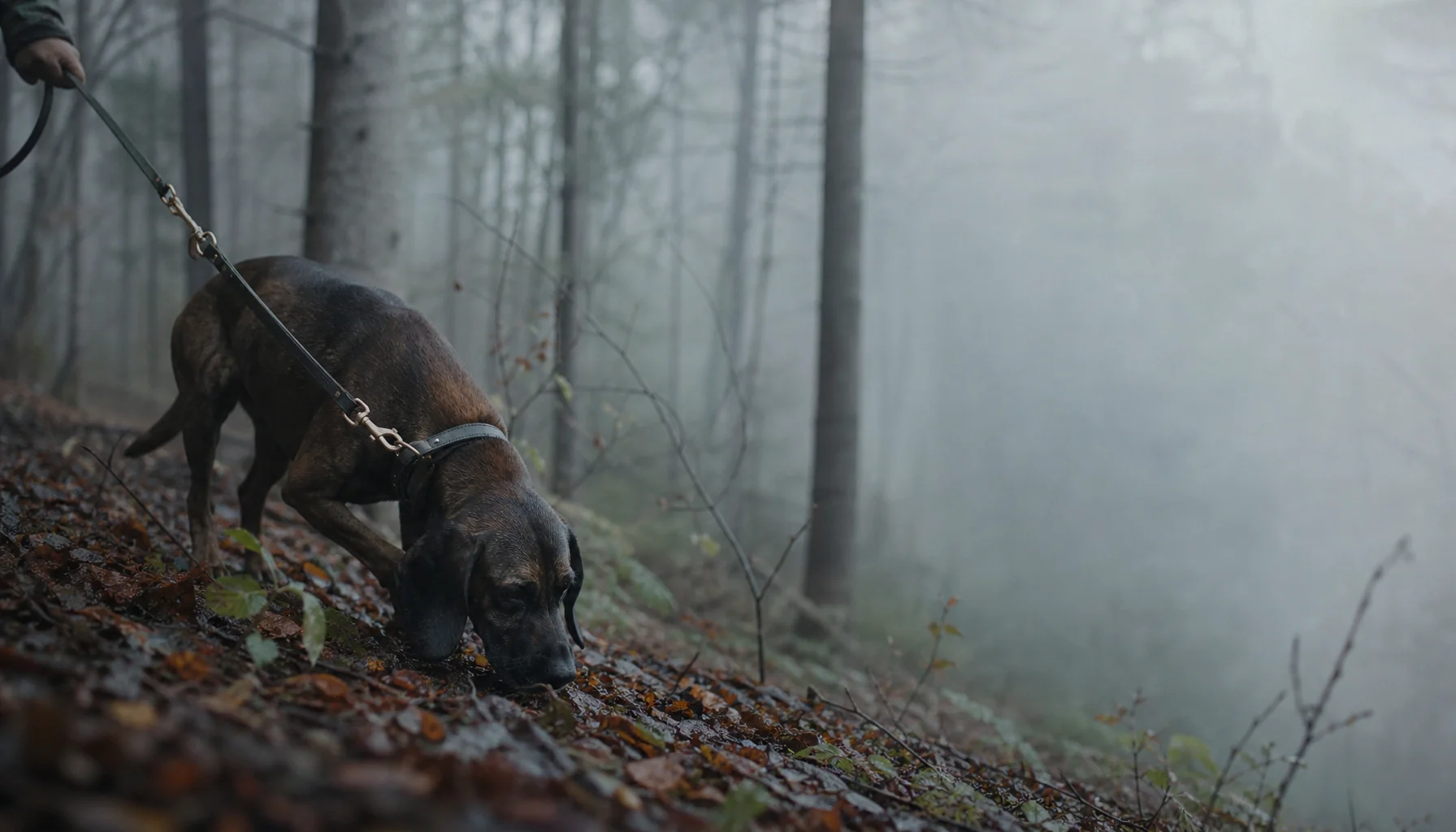 Schweisshund auf der Fährte im Morgenlicht