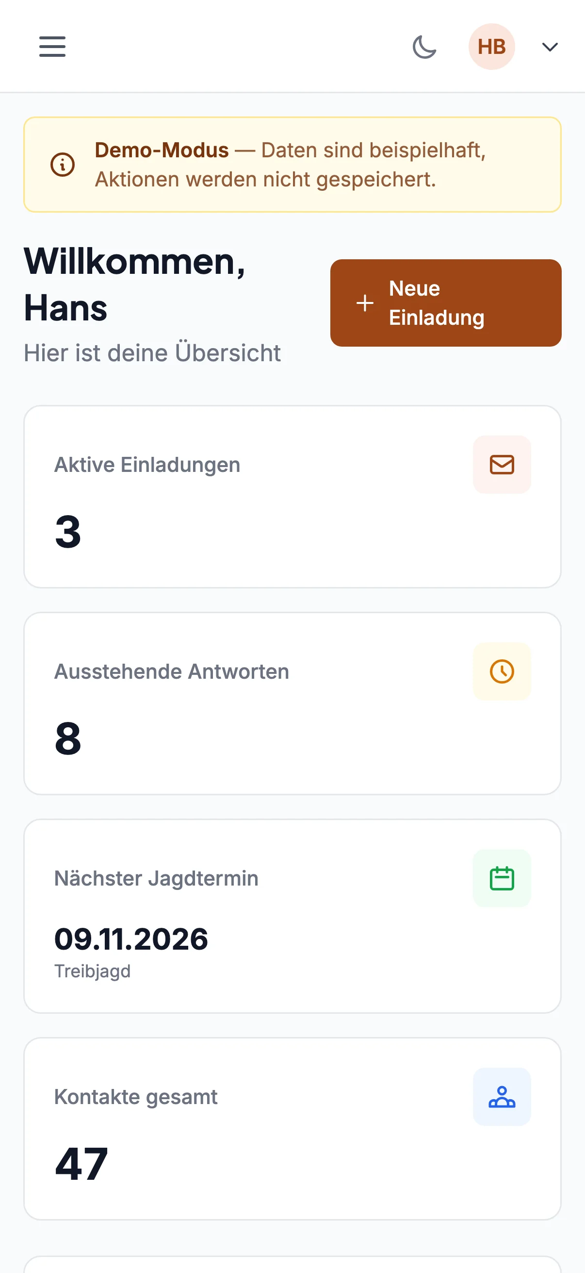 jagdeinladung Dashboard mit Stats und naechstem Jagdtermin