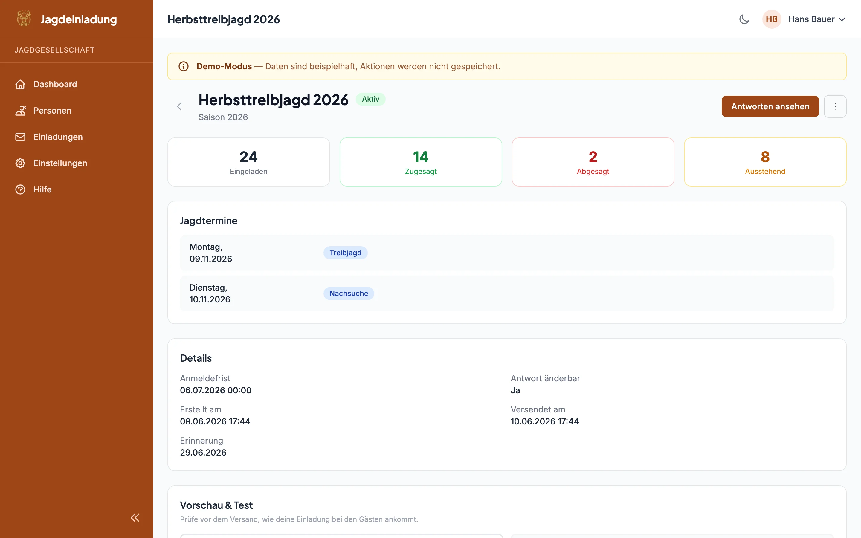 jagdeinladung am Desktop: Einladungs-Detail «Herbsttreibjagd 2026» mit Antwort-Statistik und Jagdterminen