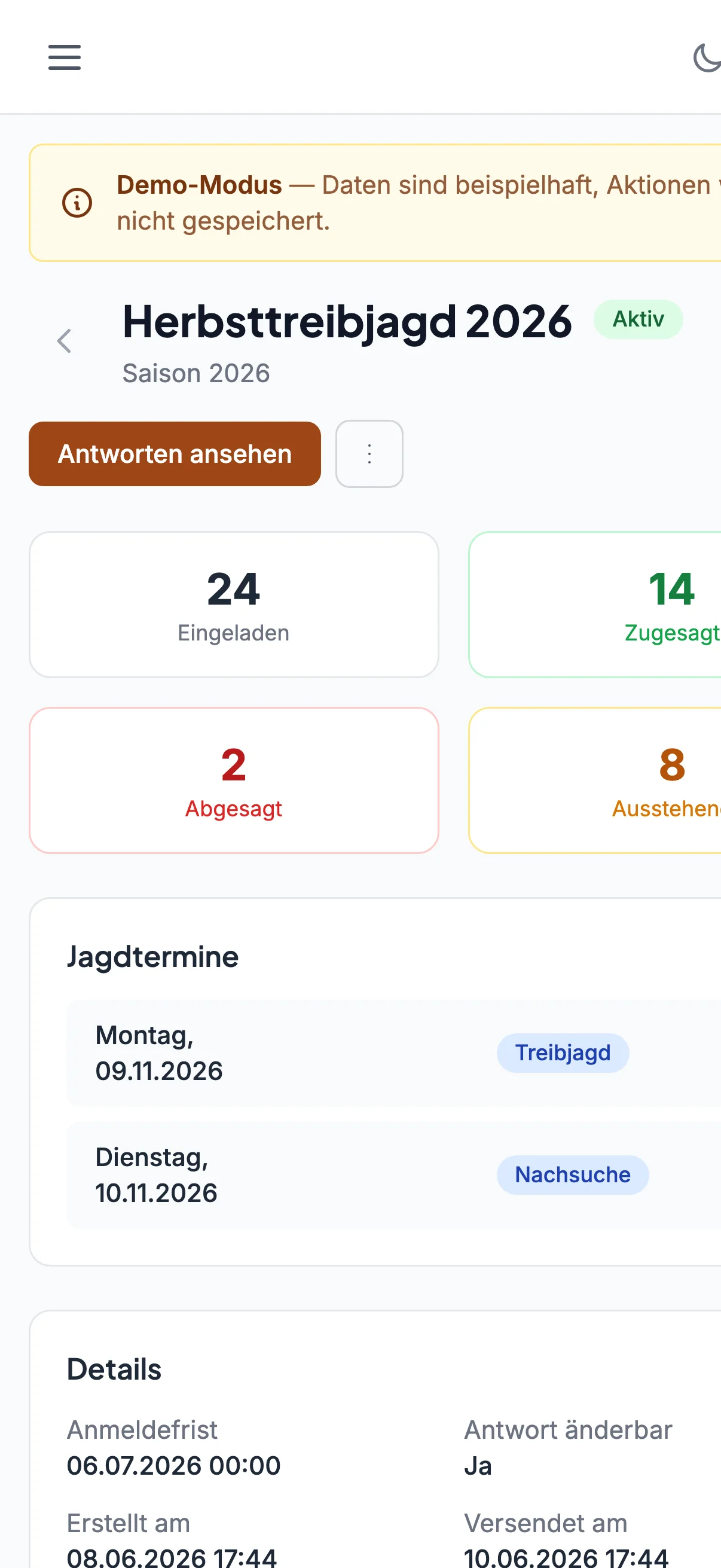 jagdeinladung App: Einladungs-Detail mit Antwort-Statistik
