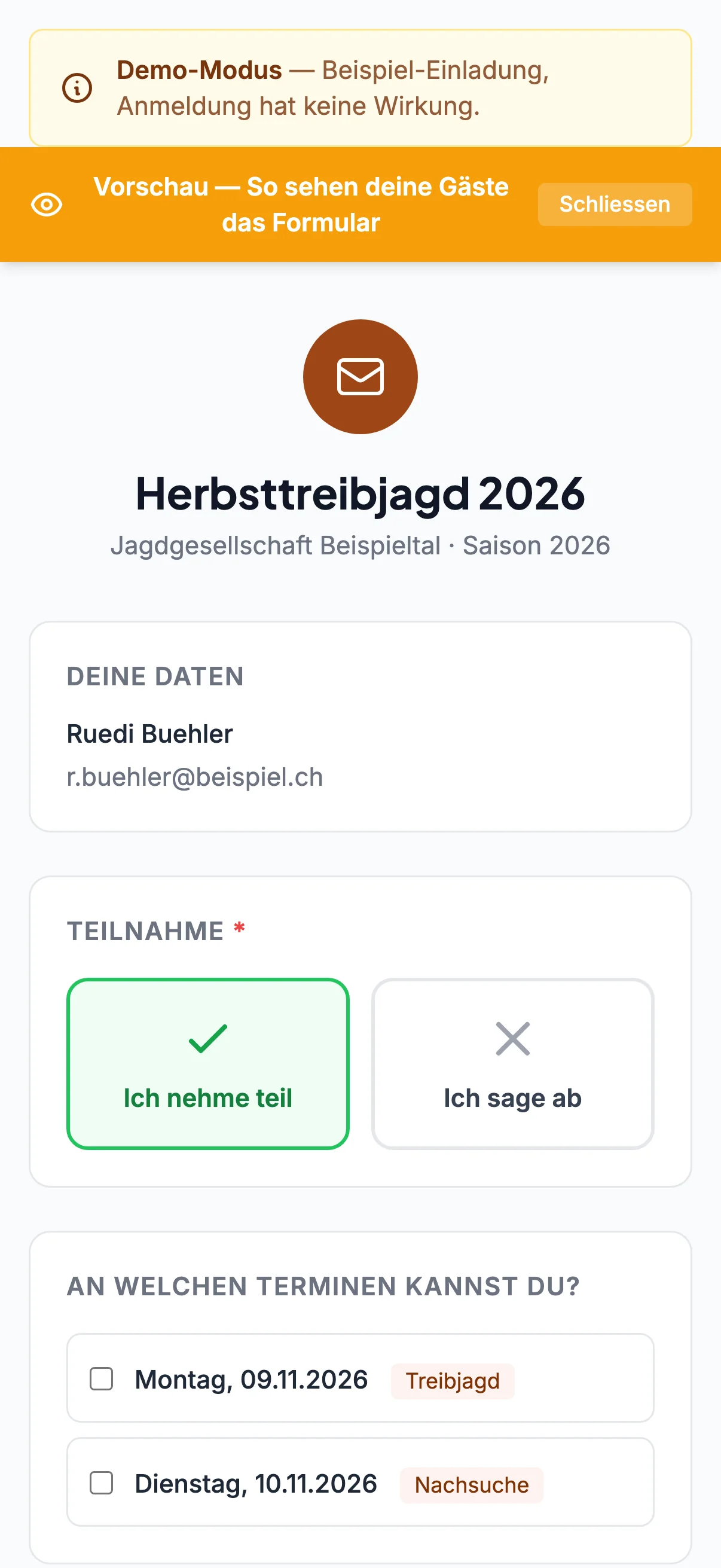jagdeinladung Gast-Sicht: Zusage-Formular für Eingeladene