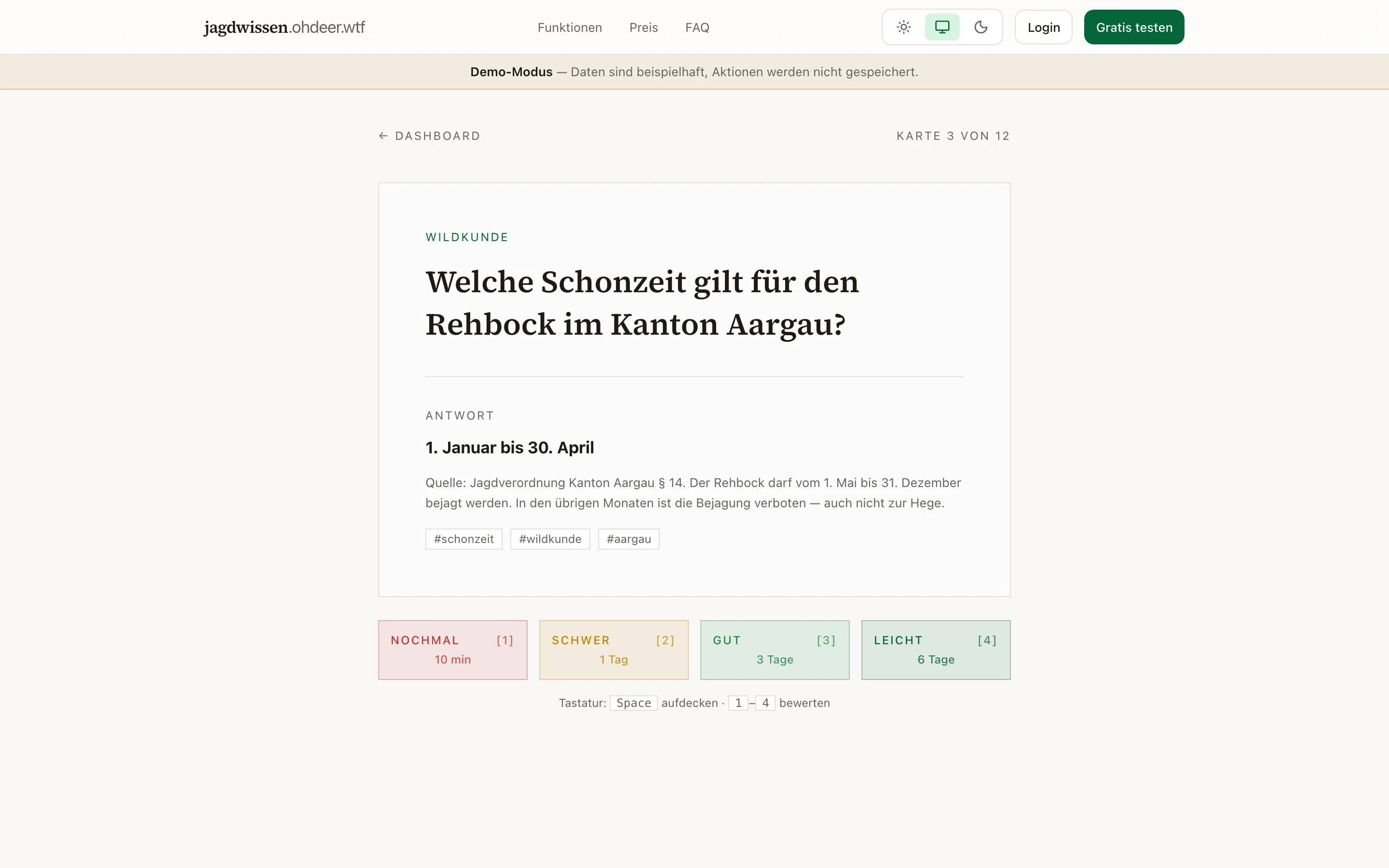 jagdwissen am Desktop: Karteikarte zur Rehbock-Schonzeit im Kanton Aargau mit Quellenangabe