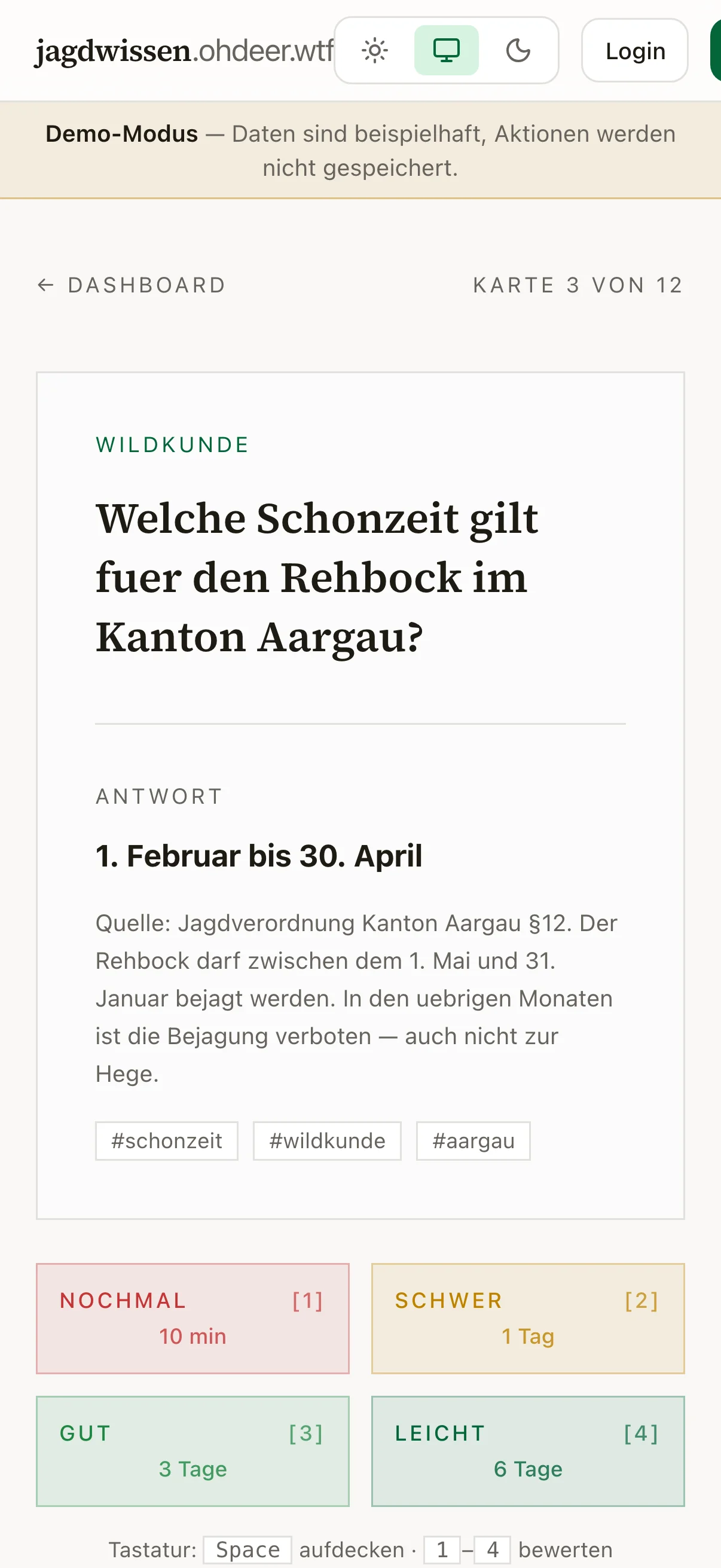 jagdwissen App: Karteikarte mit Aargau-Prüfungsfrage