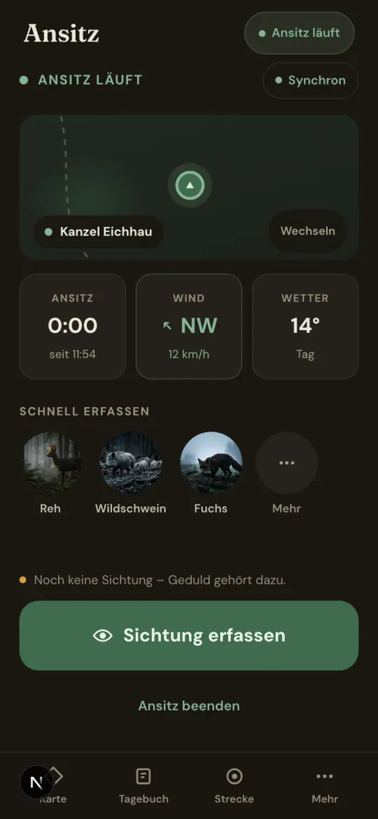 revierblick Ansitz mit Dauer, Wind, Temperatur und Schnell-Erfassung