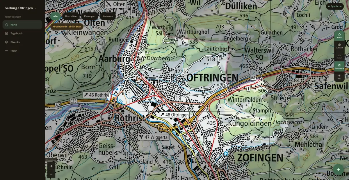revierblick am Schreibtisch: Revierkarte des Reviers Aarburg-Oftringen mit eingezeichneter Grenze und abgeblendeter Umgebung
