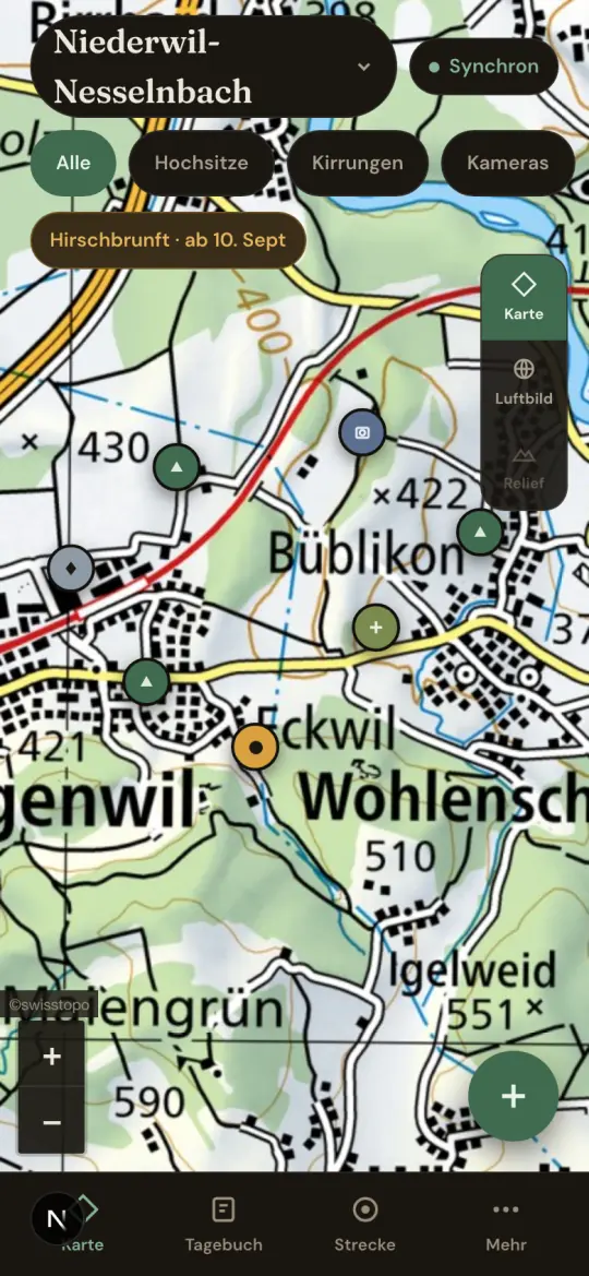 revierblick Revierkarte mit Hochsitzen, Kirrungen und Kameras auf der swisstopo-Karte