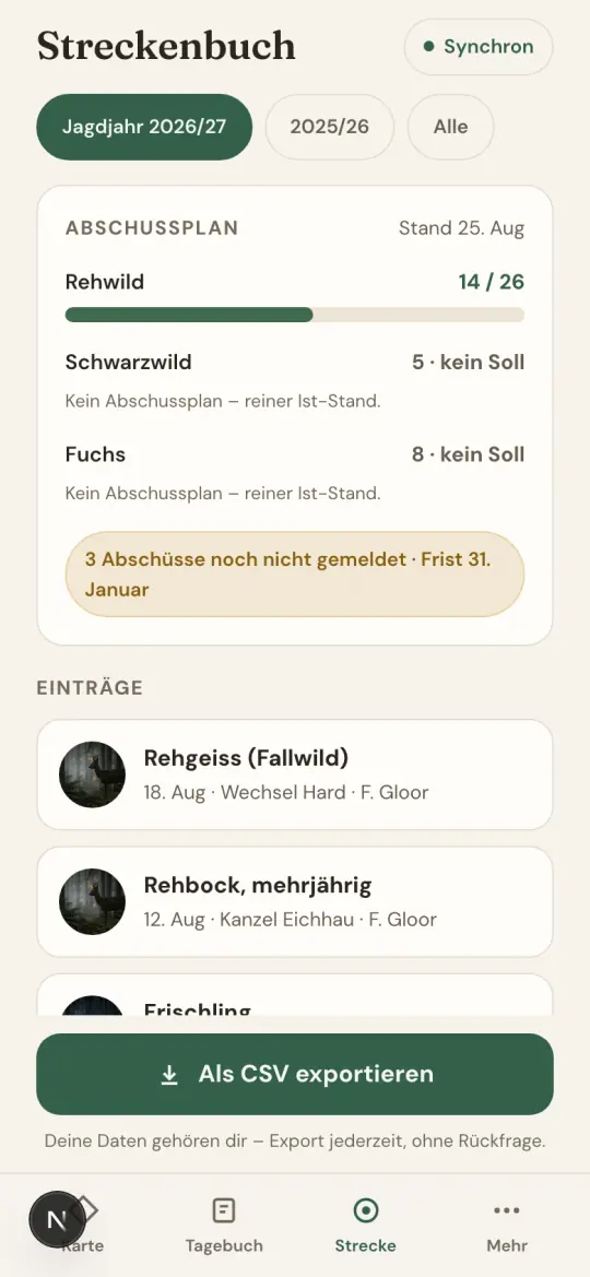 revierblick Streckenbuch mit Abschussplan Soll und Ist sowie CSV-Export