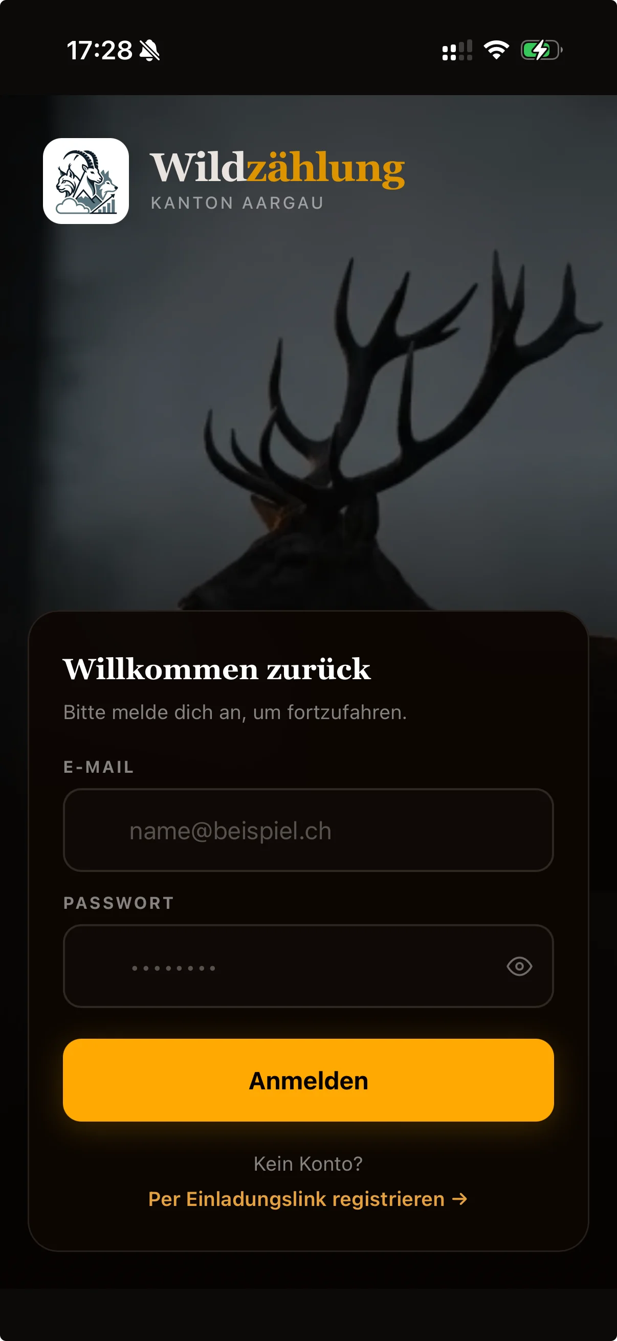 wildzählung Login mit Wildlife-Hero und Glass-Card