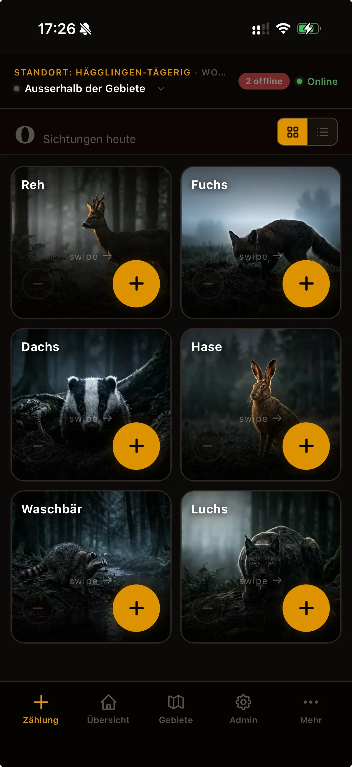 wildzählung App: Wildtiere zählen mit Foto-Kacheln und Swipe-Geste